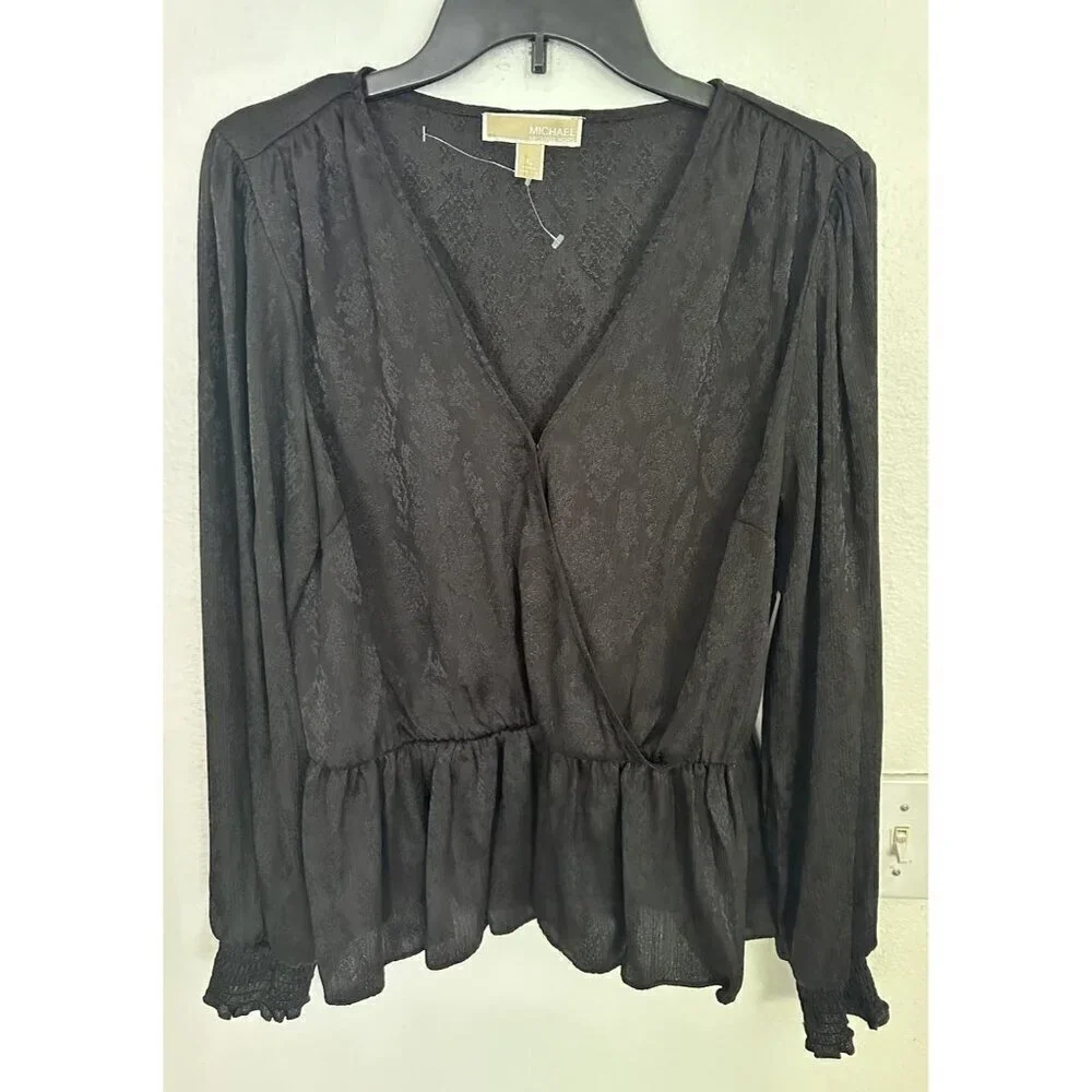 Michael Kors Women's Blouse Jacquard-Print Faux-Wrap Peplum Top XL NWOT